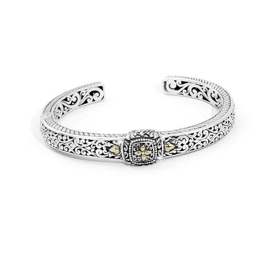 Balinese Scrollwork Silver Cuff Bracelet with 18K Gold Floral Accents