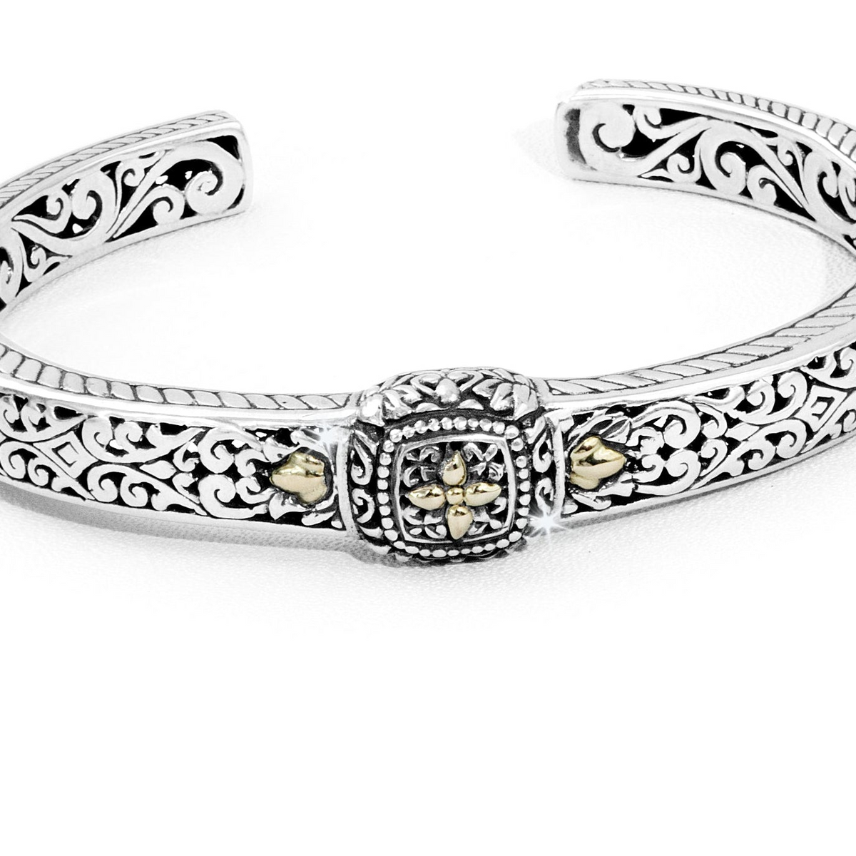 Balinese Scrollwork Silver Cuff Bracelet with 18K Gold Floral Accents