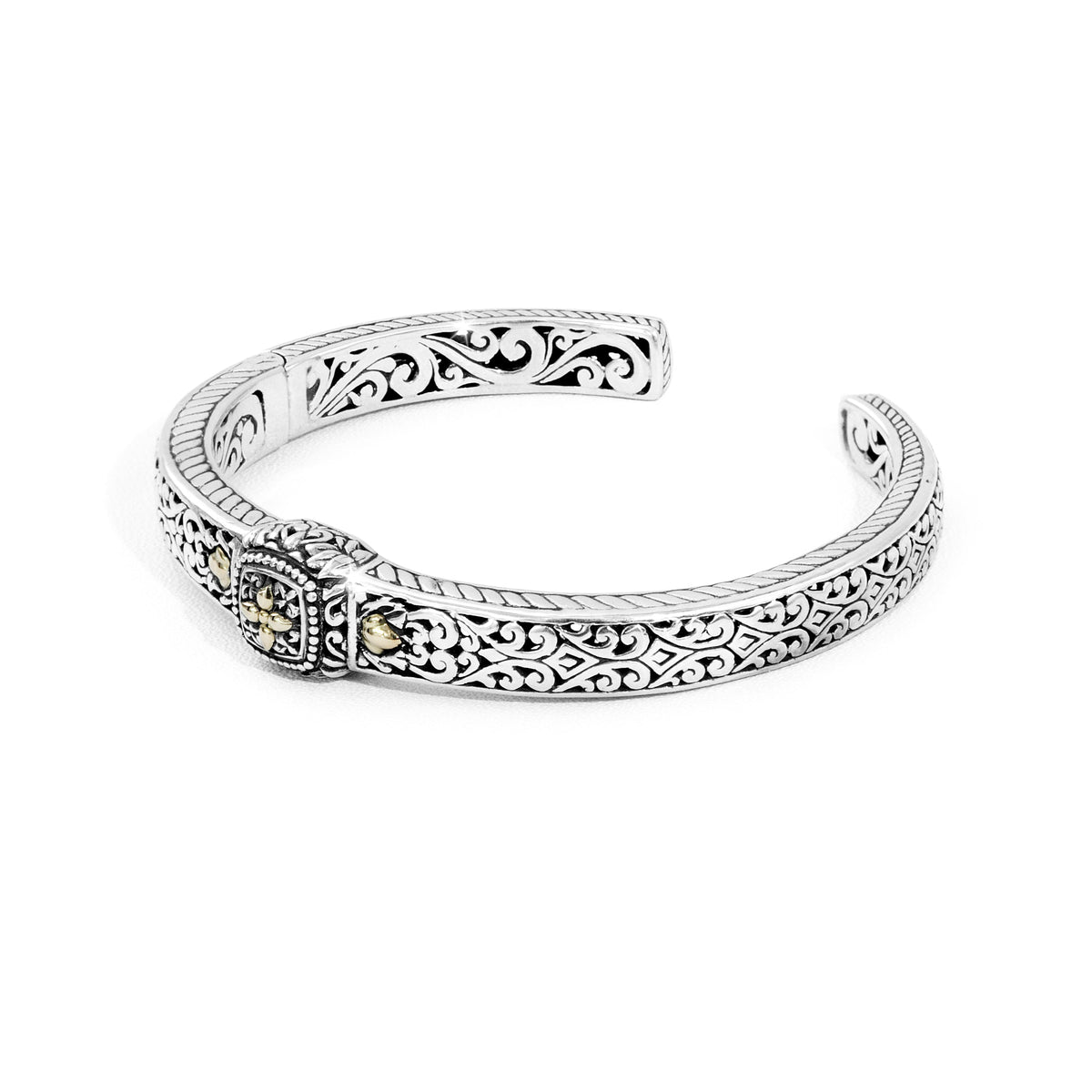 Balinese Scrollwork Silver Cuff Bracelet with 18K Gold Floral Accents