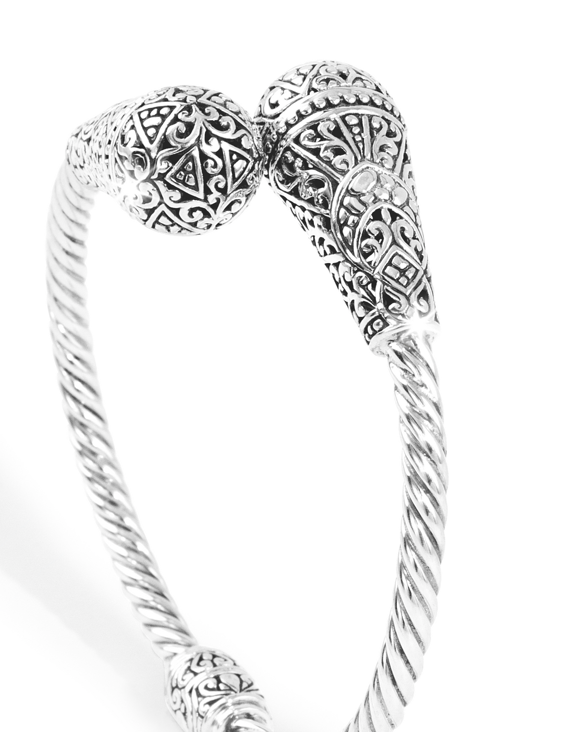 Balinese Silver Twist Cuff Bracelet with Ornate Carved Ends