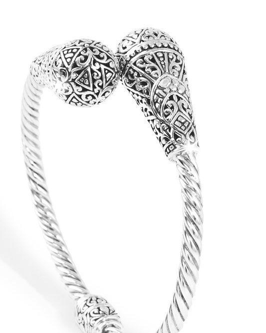 Balinese Silver Twist Cuff Bracelet with Ornate Carved Ends