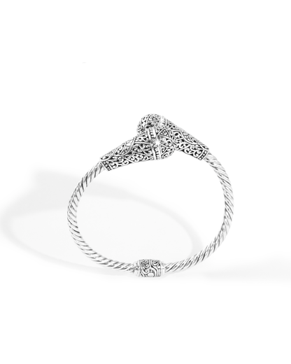 Balinese Silver Twist Cuff Bracelet with Ornate Carved Ends