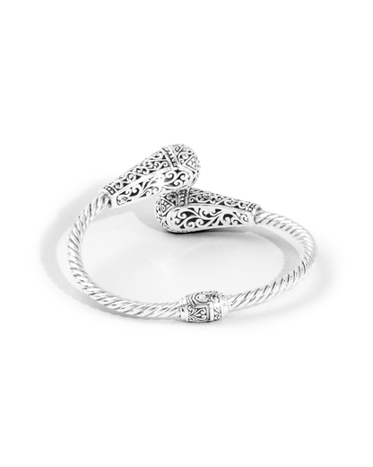 Balinese Silver Twist Cuff Bracelet with Ornate Carved Ends