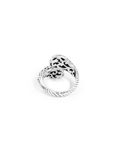 Balinese Double-Head Floral Carved Sterling Silver 925 Bypass Ring with Hammered Silver Accents