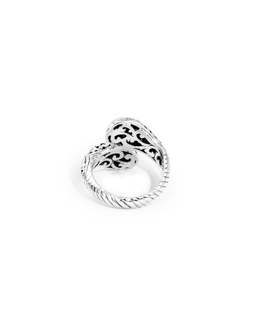 Balinese Double-Head Floral Carved Sterling Silver 925 Bypass Ring with Hammered Silver Accents