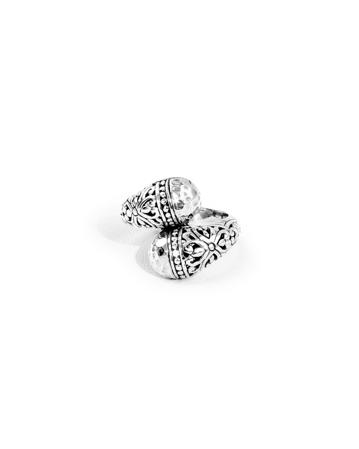 Balinese Double-Head Floral Carved Sterling Silver 925 Bypass Ring with Hammered Silver Accents