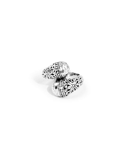 Balinese Double-Head Floral Carved Sterling Silver 925 Bypass Ring with Hammered Silver Accents