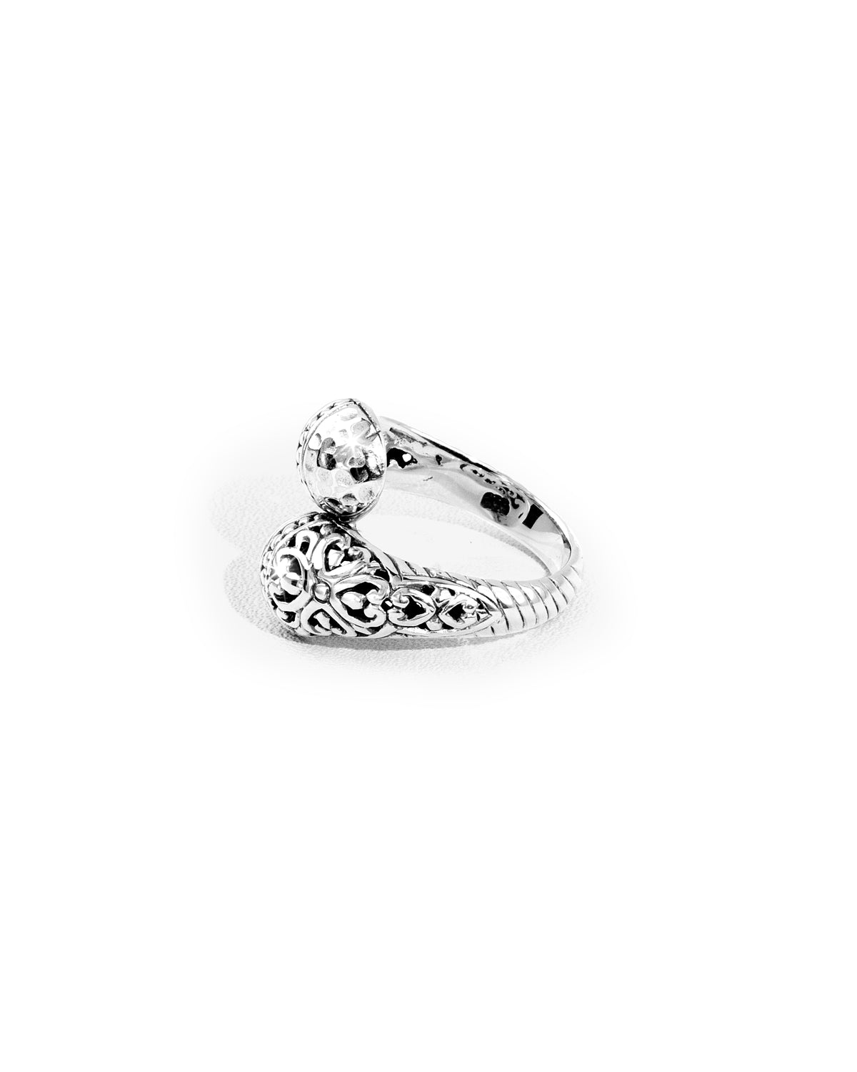Balinese Double-Head Floral Carved Sterling Silver 925 Bypass Ring with Hammered Silver Accents