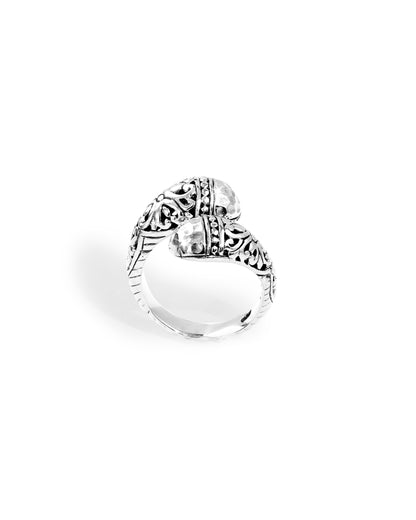 Balinese Double-Head Floral Carved Sterling Silver 925 Bypass Ring with Hammered Silver Accents