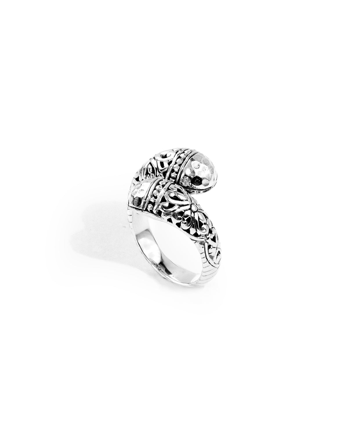 Balinese Double-Head Floral Carved Sterling Silver 925 Bypass Ring with Hammered Silver Accents