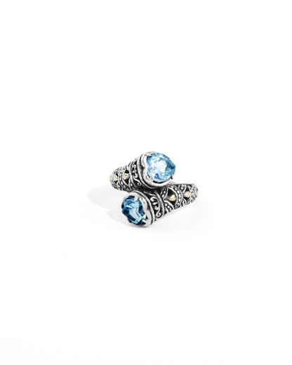 Blue Gemstone Bypass Ring with 18K Gold Accents