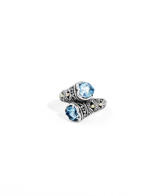 Blue Gemstone Bypass Ring with 18K Gold Accents
