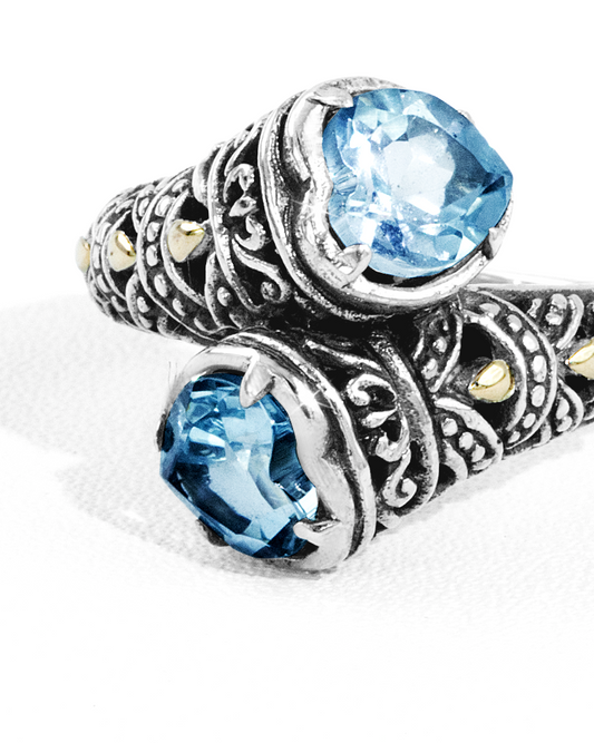 Blue Gemstone Bypass Ring with 18K Gold Accents