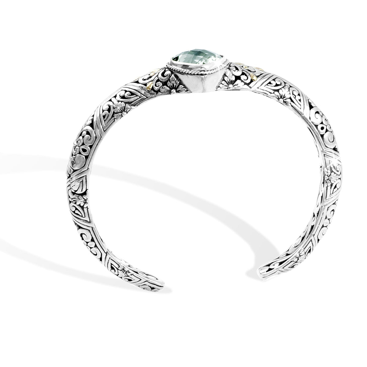 Balinese Leaf Motif Green Amethyst Cuff Bracelet with 18K Gold