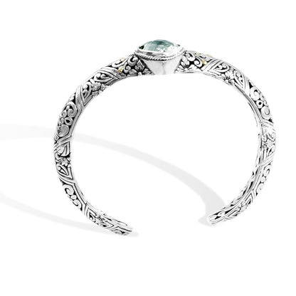 Balinese Leaf Motif Green Amethyst Cuff Bracelet with 18K Gold