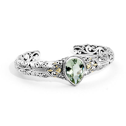 Balinese Leaf Motif Green Amethyst Cuff Bracelet with 18K Gold