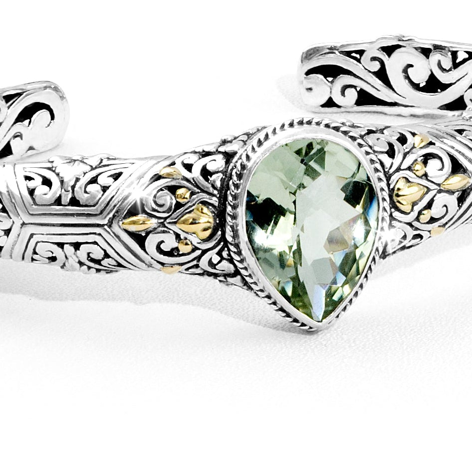 Balinese Leaf Motif Green Amethyst Cuff Bracelet with 18K Gold