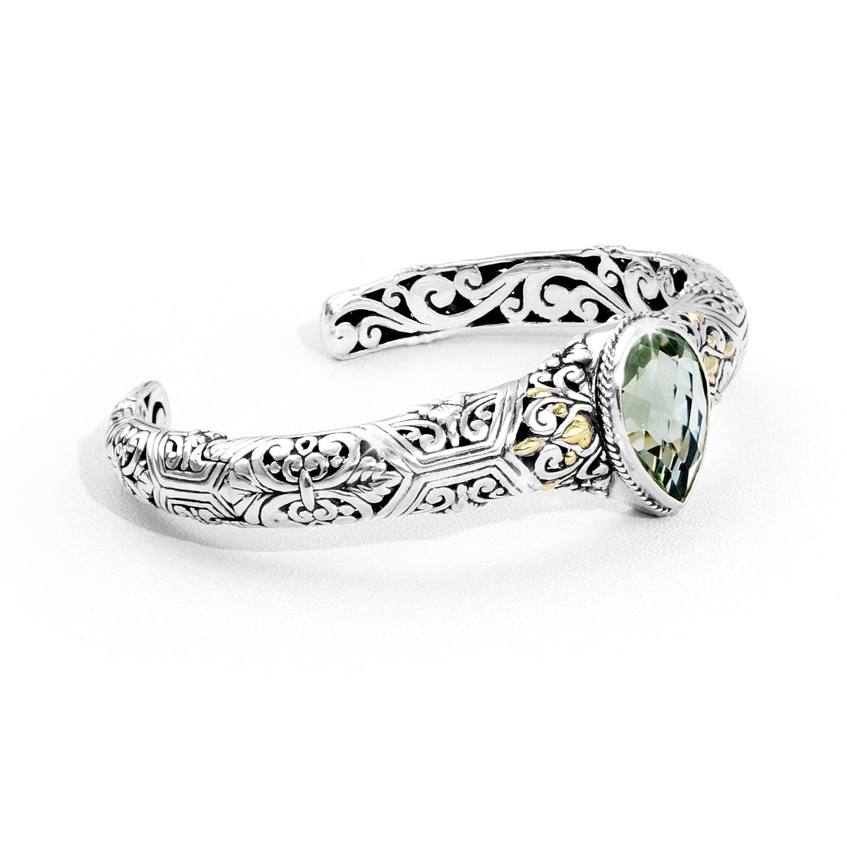 Balinese Leaf Motif Green Amethyst Cuff Bracelet with 18K Gold