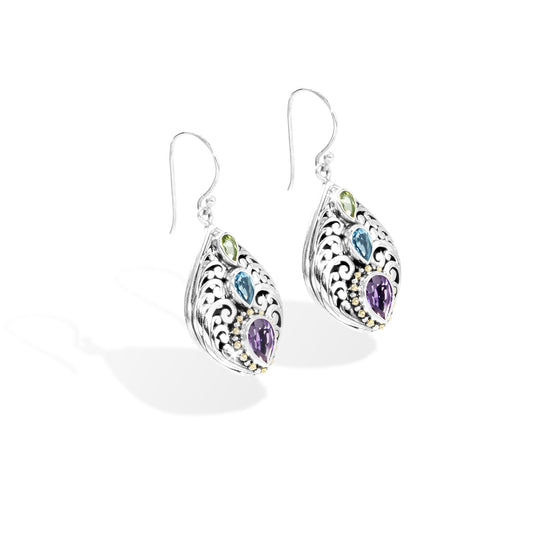 Balinese Floral Filigree Silver Drop Earrings with Amethyst, Blue Topaz, Peridot and 18K Gold Accents