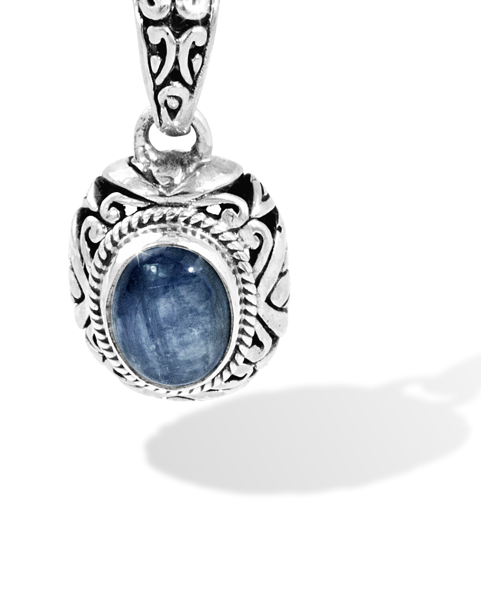 Blue Kyanite Sterling Silver Pendant – Handmade Ornate Floral