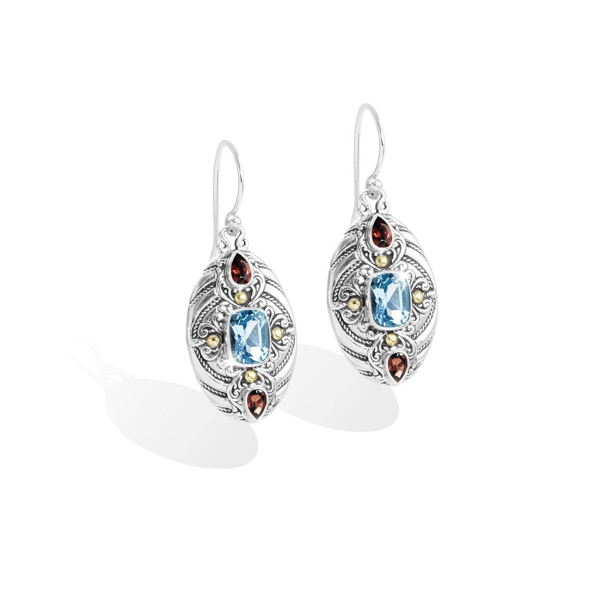 Balinese Oval Drop Earrings with Blue Topaz, Garnet & 18K Gold