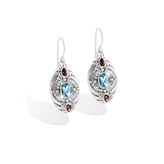 Balinese Oval Drop Earrings with Blue Topaz, Garnet & 18K Gold