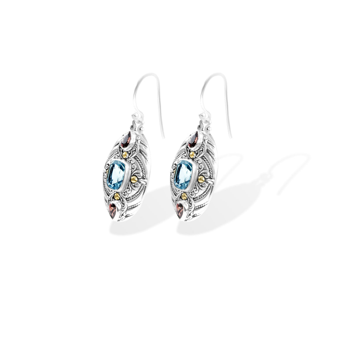Balinese Oval Drop Earrings with Blue Topaz, Garnet & 18K Gold