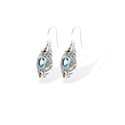 Balinese Oval Drop Earrings with Blue Topaz, Garnet & 18K Gold