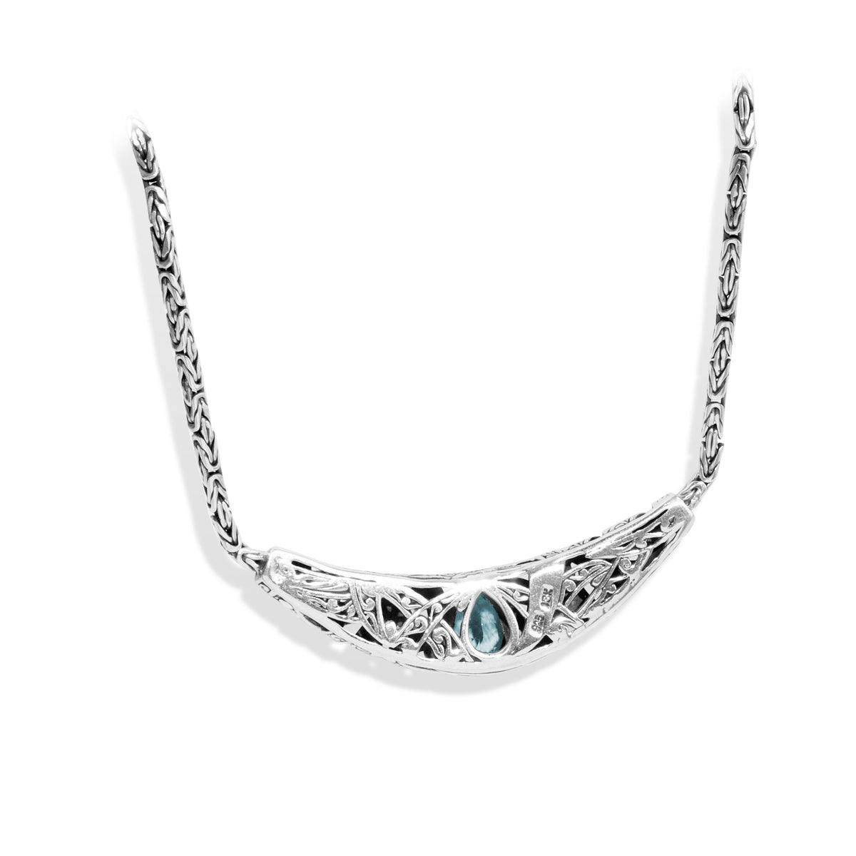Pear-Shaped Blue Topaz Balinese Silver Necklace with 18K Gold Accents
