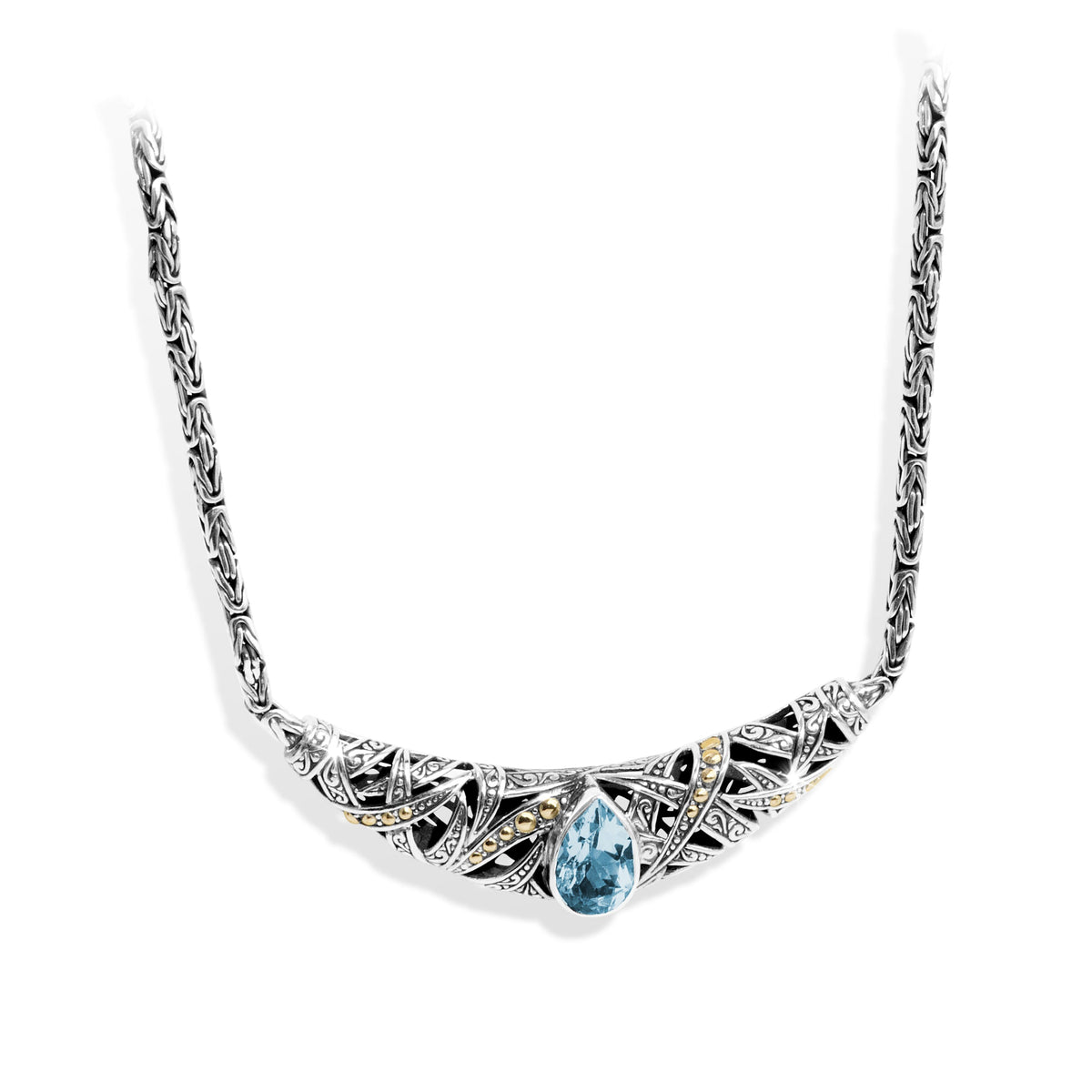 Pear-Shaped Blue Topaz Balinese Silver Necklace with 18K Gold Accents