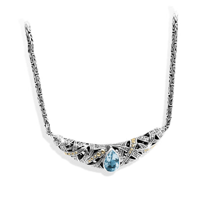 Pear-Shaped Blue Topaz Balinese Silver Necklace with 18K Gold Accents