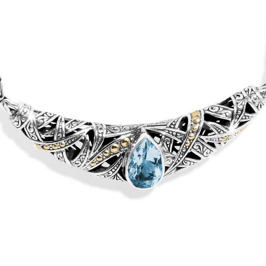 Pear-Shaped Blue Topaz Balinese Silver Necklace with 18K Gold Accents