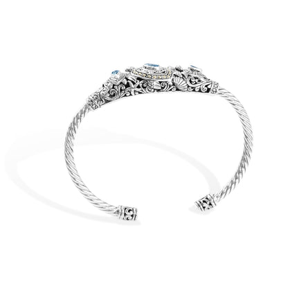 Balinese Ocean-Inspired Silver Cuff Bracelet with Blue Topaz & 18K Gold