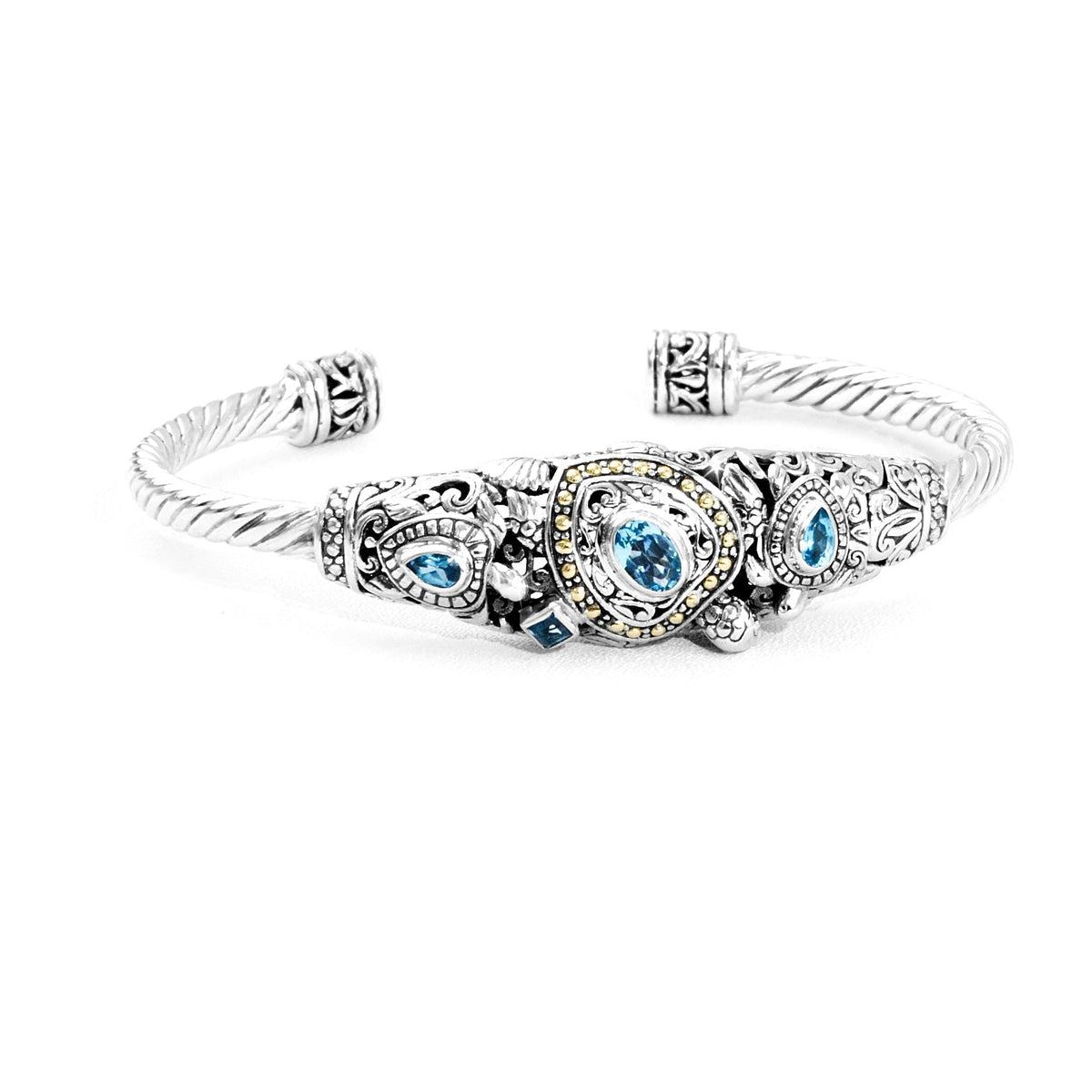 Balinese Ocean-Inspired Silver Cuff Bracelet with Blue Topaz & 18K Gold