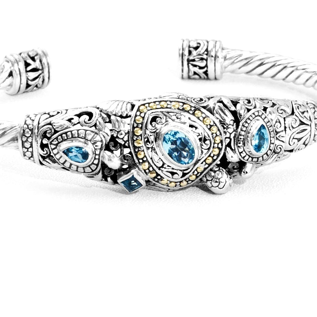 Balinese Ocean-Inspired Silver Cuff Bracelet with Blue Topaz & 18K Gold