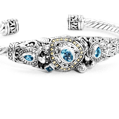 Balinese Ocean-Inspired Silver Cuff Bracelet with Blue Topaz & 18K Gold