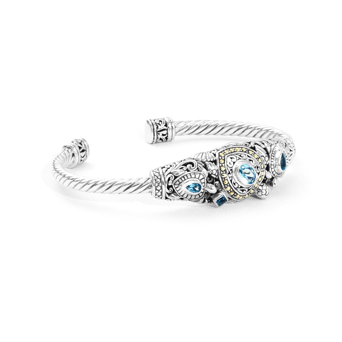 Balinese Ocean-Inspired Silver Cuff Bracelet with Blue Topaz & 18K Gold