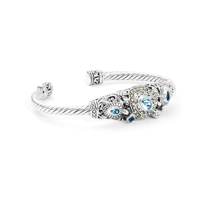 Balinese Ocean-Inspired Silver Cuff Bracelet with Blue Topaz & 18K Gold