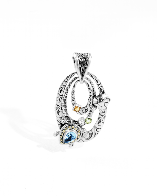 Bali Turtle Silver Pendant with Blue Topaz, Peridot, Citrine & 18K Gold