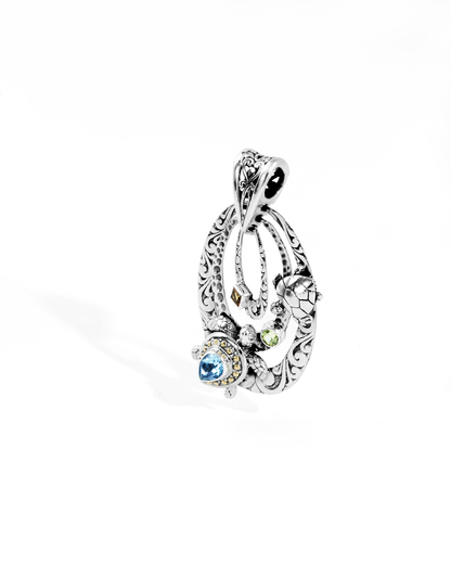 Bali Turtle Silver Pendant with Blue Topaz, Peridot, Citrine & 18K Gold