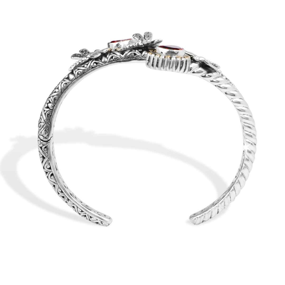 Twin Dragonfly Garnet Sterling Silver Cuff Bracelet with 18K Gold Accents
