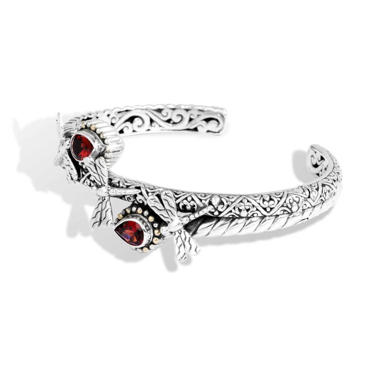 Twin Dragonfly Garnet Sterling Silver Cuff Bracelet with 18K Gold Accents