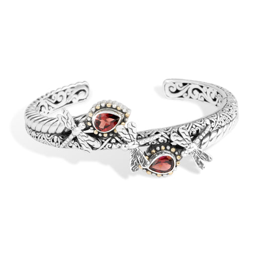 Twin Dragonfly Garnet Sterling Silver Cuff Bracelet with 18K Gold Accents