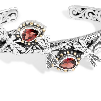 Twin Dragonfly Garnet Sterling Silver Cuff Bracelet with 18K Gold Accents
