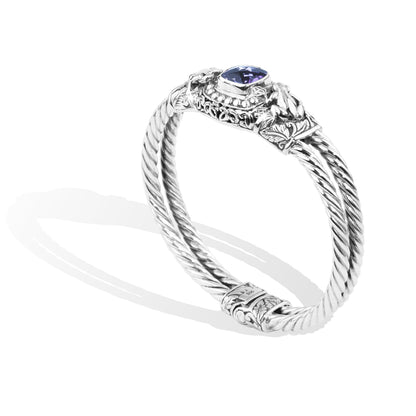 Balinese Twin Frog Sterling Silver Cable Cuff Bracelet with Amethyst Gemstone