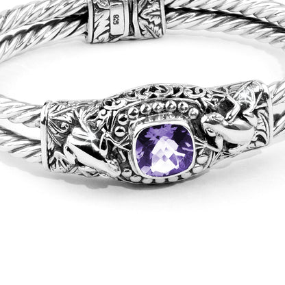 Balinese Twin Frog Sterling Silver Cable Cuff Bracelet with Amethyst Gemstone