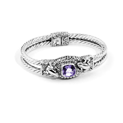 Balinese Twin Frog Sterling Silver Cable Cuff Bracelet with Amethyst Gemstone