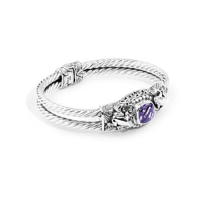Balinese Twin Frog Sterling Silver Cable Cuff Bracelet with Amethyst Gemstone