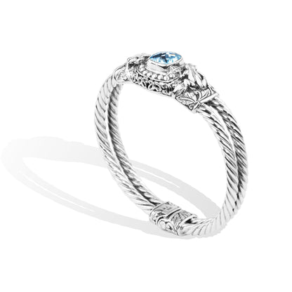 Balinese Twin Frog Sterling Silver Cable Cuff Bracelet with Blue Topaz Gemstone