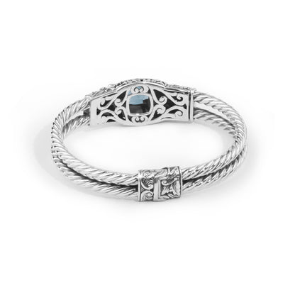 Balinese Twin Frog Sterling Silver Cable Cuff Bracelet with Blue Topaz Gemstone
